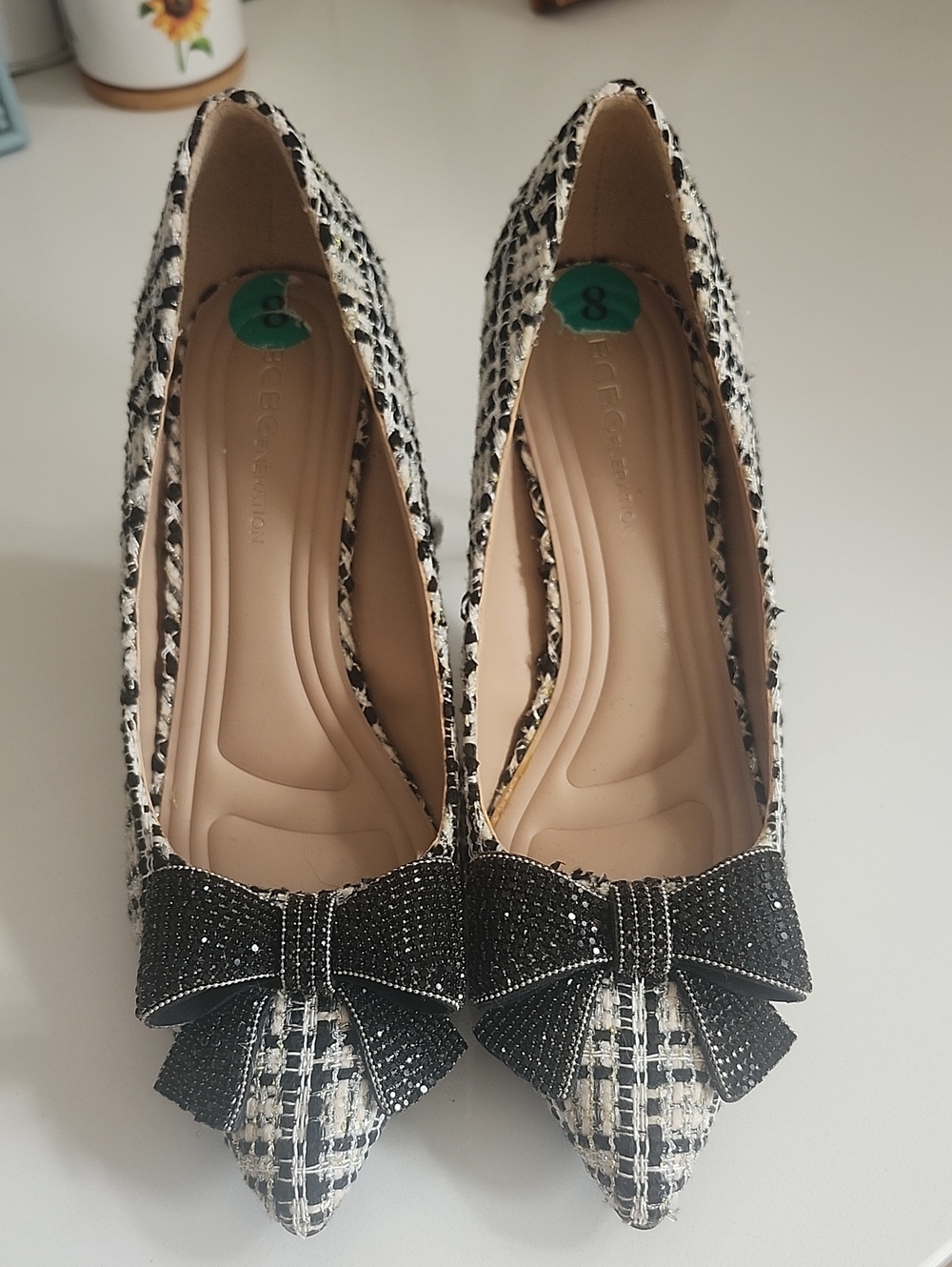 BCBGeneration Black & White Tweed Pointed Flats with Bow Detail